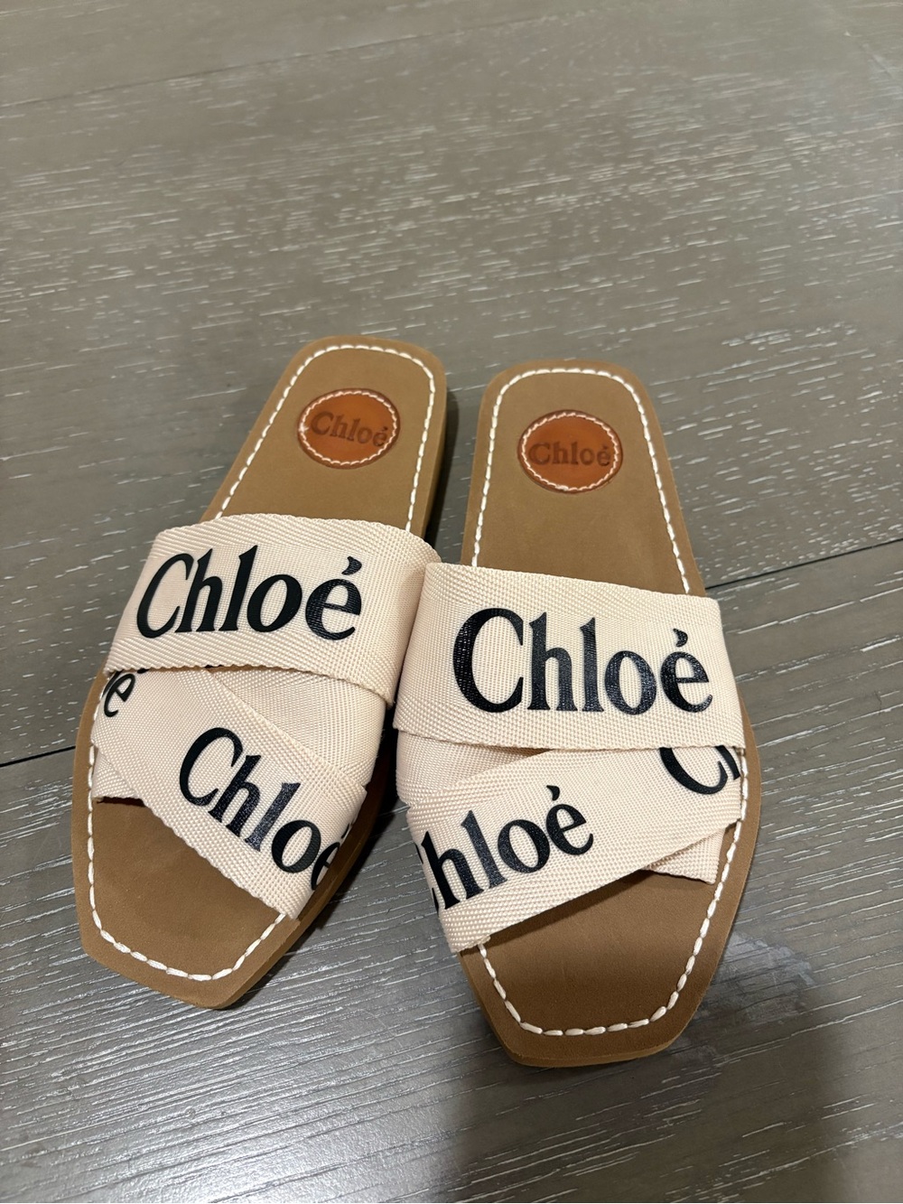 Chloé Beige Canvas Logo Slide Sandals with Tan Footbed - Picture 3 of 4